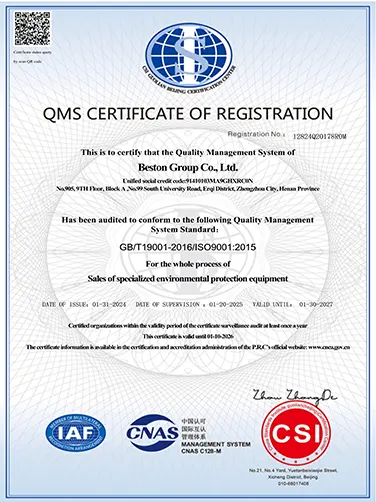 Beston Group Certyfikat Systemu Zarządzania Jakością ISO 9001